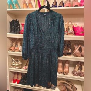 Gap Green Floral Print Smocked Waist Puff Sleeve Dress Prairie Boho Size M